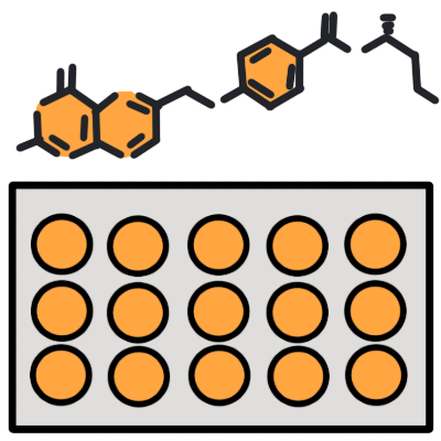 molecular structure of folic acid, the benzene rings coloured in orange. below it is a silver rectangle with three rows of five orange circles, representing pills in a sheet.